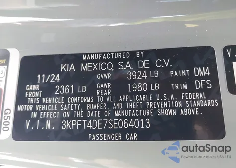 2025 Kia K4 Lxs z USA, uszkodzony, nr VIN 3KPFT4DE7SE064013